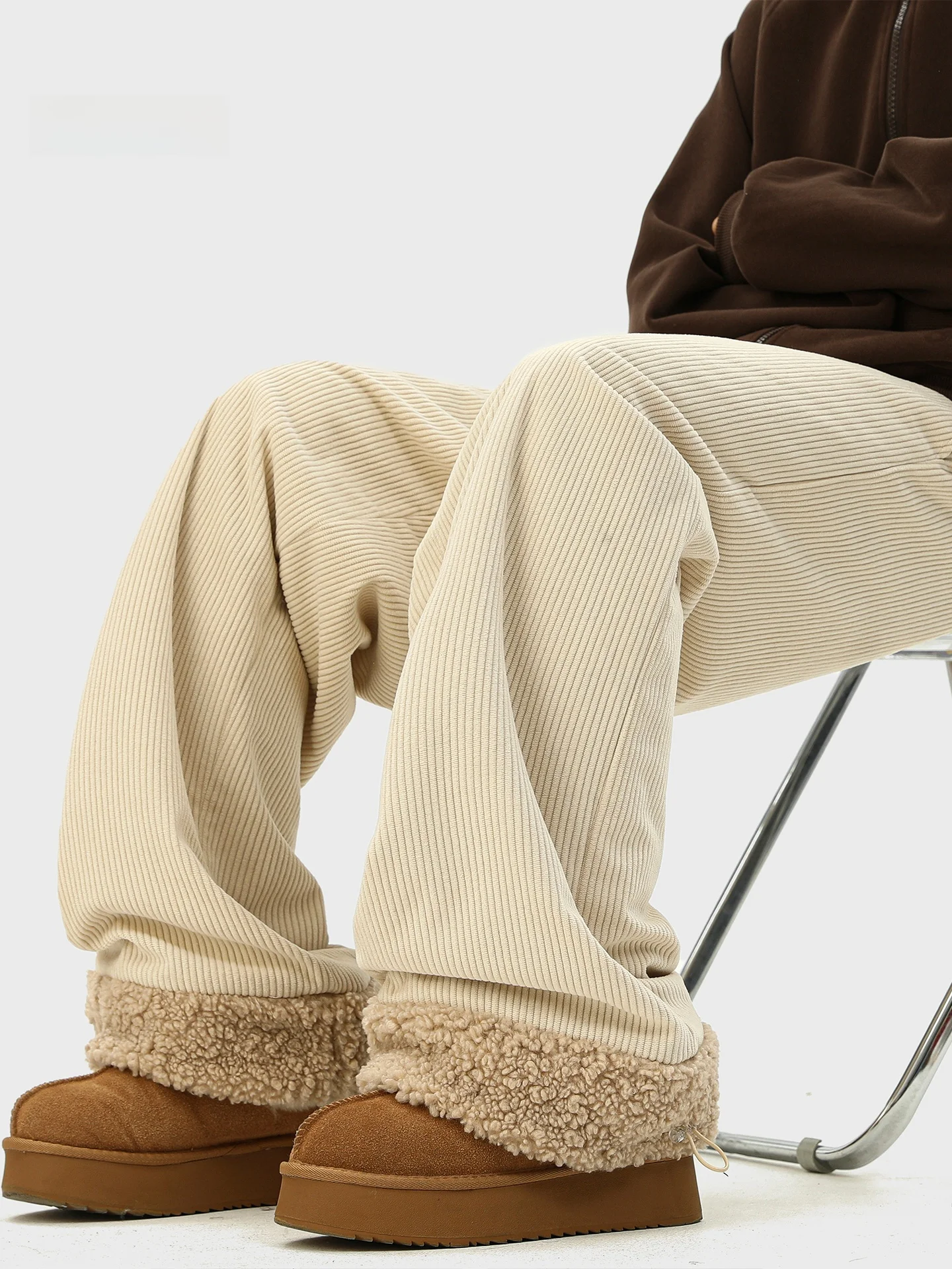American Retro Lamb Velvet Cotton Pants Men Winter Thickened Fleece Straight Loose Fit Casual Corduroy Sweatpants