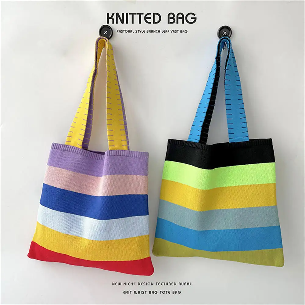 Rainbow Contrast Color Striped Handbag Y2k Korean Style Shoulder Bag Knit Eco Friendly Shopper Tote Handwoven Cute Beach Bag