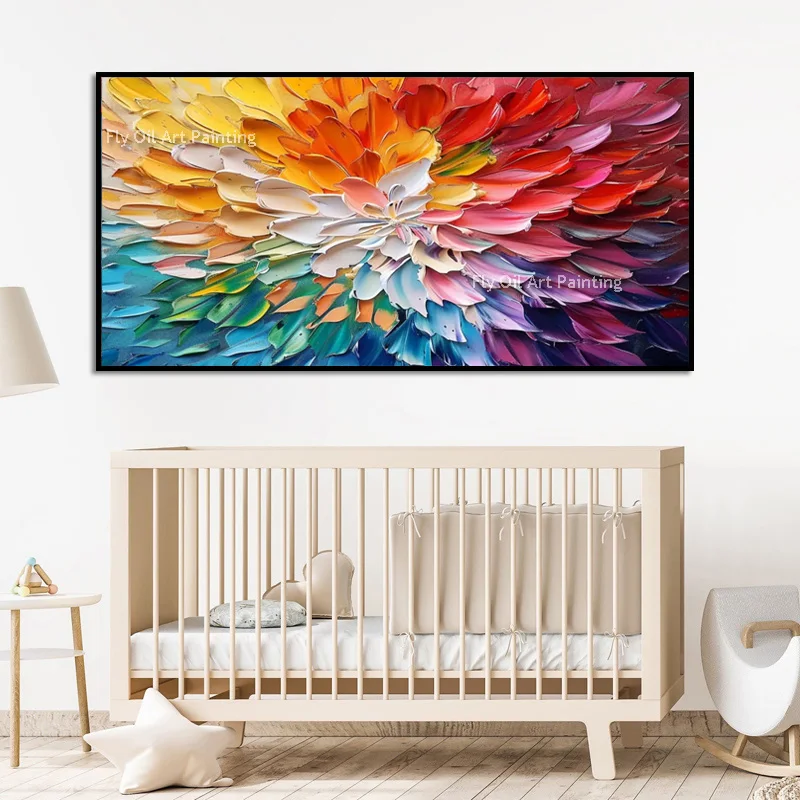 Vibrant Petal Burst Thick Canvas Artwork Handmade Beautiful Yellow Teal Magenta Colorful Flower Oil Painting Impasto Wall Decor