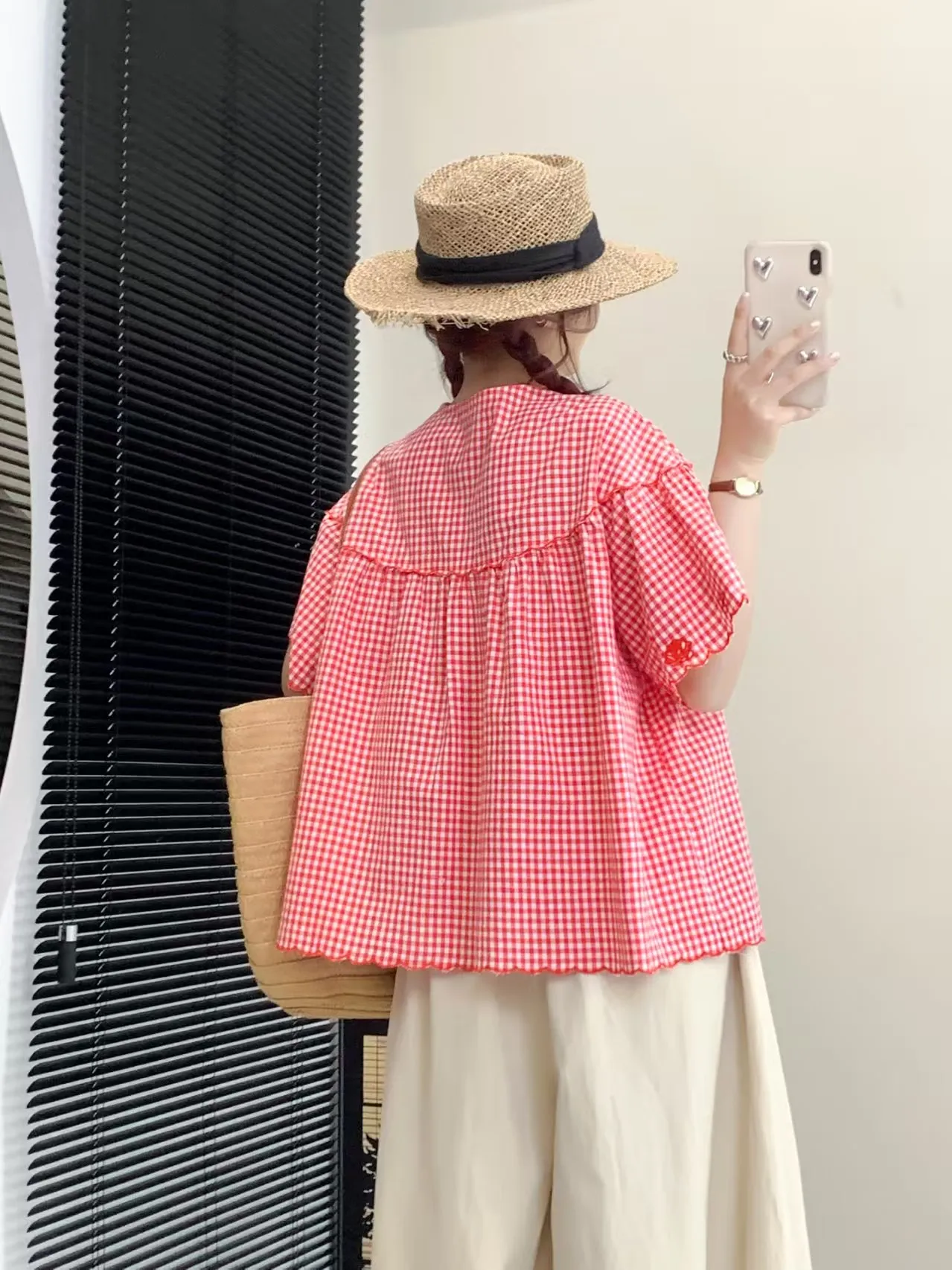 Japanese Mori Girl Style Round Neck Short Sleeve Embroidery Single-breasted Loose Sweet Versatile Plaid Shirts Tops Women Summer