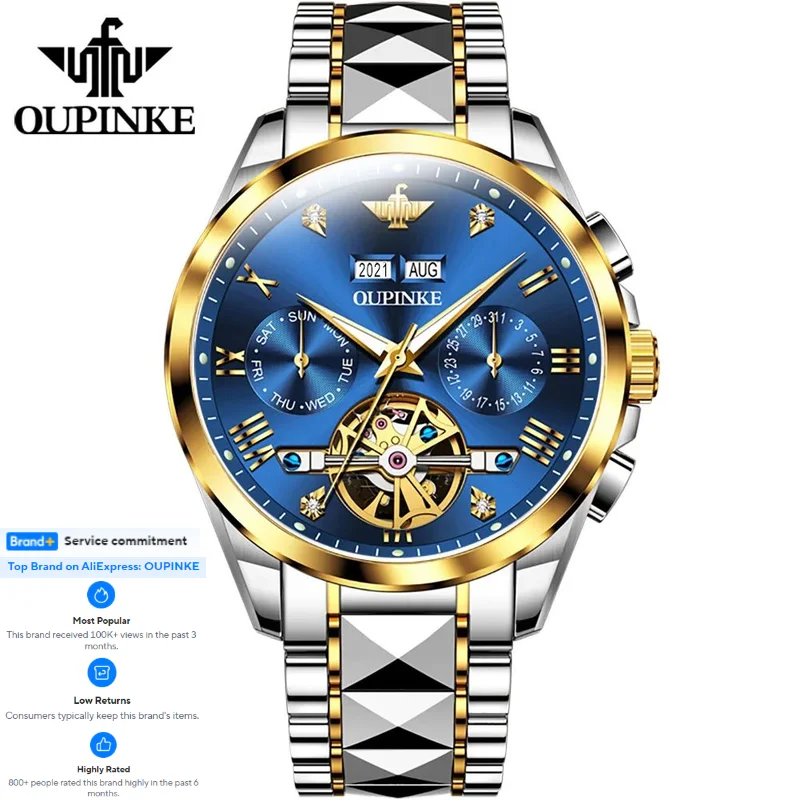 

OUPINKE 3186 Automatic Men's Watch Luxury Diamonds Skeleton Multifunctional Dial Mechanical Wristwatch for Men