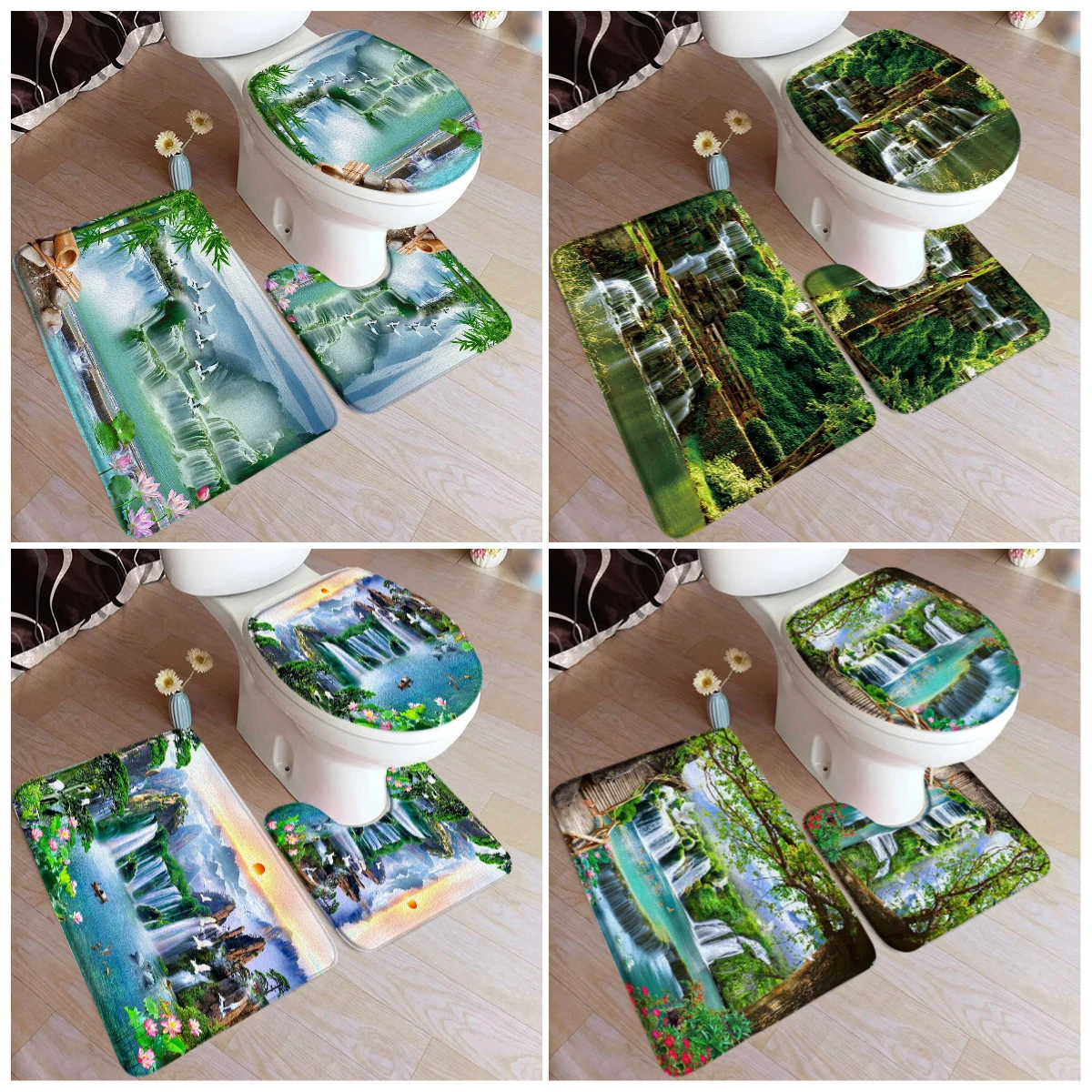 Chinese Style Landscape Bath Mat Set Natural Forest Waterfall Swan Lotus Rustic Scenery Bathroom Decor U-Mats Toilet Lid Cover