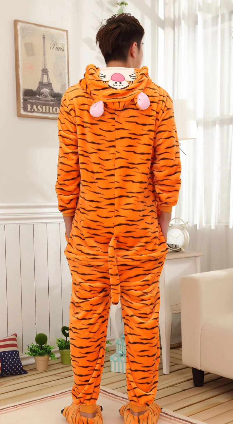 Cute Orange Tiger Comfortable Leisure wear Hooded Flannel One-piece pajamas Button Onesie Couple Sleepwear Women Men