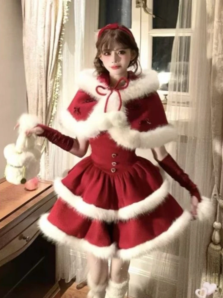 겨울 달콤한 로리타 크리스마스 드레스 세트 여성용 귀여운 숏 케이프 + 슬림 플러피 드레스 새로운 귀여운 산타 스타일 파티 의상
