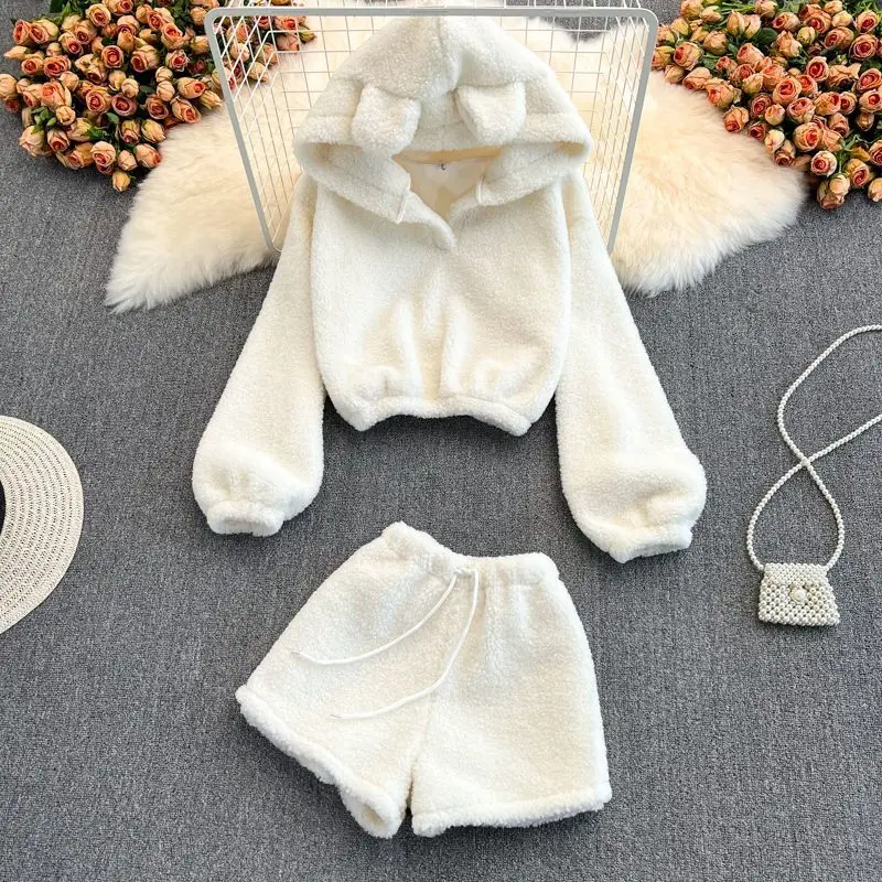 Short Sets Women Two Pieces with Hat Hoodies Bear Ear Short Solid Plus Velvet Thicker Crop Tops Lace Up Trendy Sweet Girls Cozy