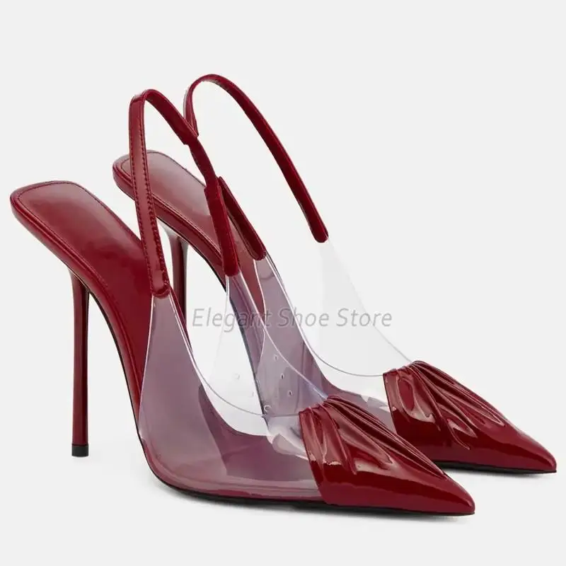 

Red Pleated Pointed Toe Sandals Sexy PVC Transparent Stiletto Pumps for Women Summer Black Slingback Slip On High Heels Shoes