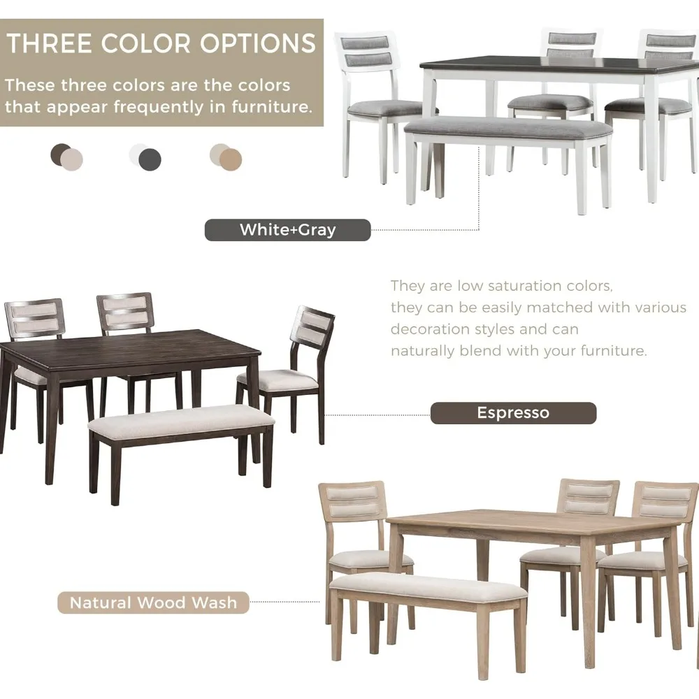 6 Piece Dining Table Set with Bench, Rectangle Dining Table with 4 Upholstered Chairs & a Bench