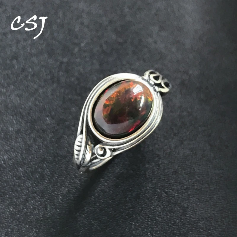 

CSJ Vintage Natural Black Opal Rings 925 Sterling Silver Ethiopia Gemstone Oval 8*10mm for Women Jewelry Birthday Christmas Gift