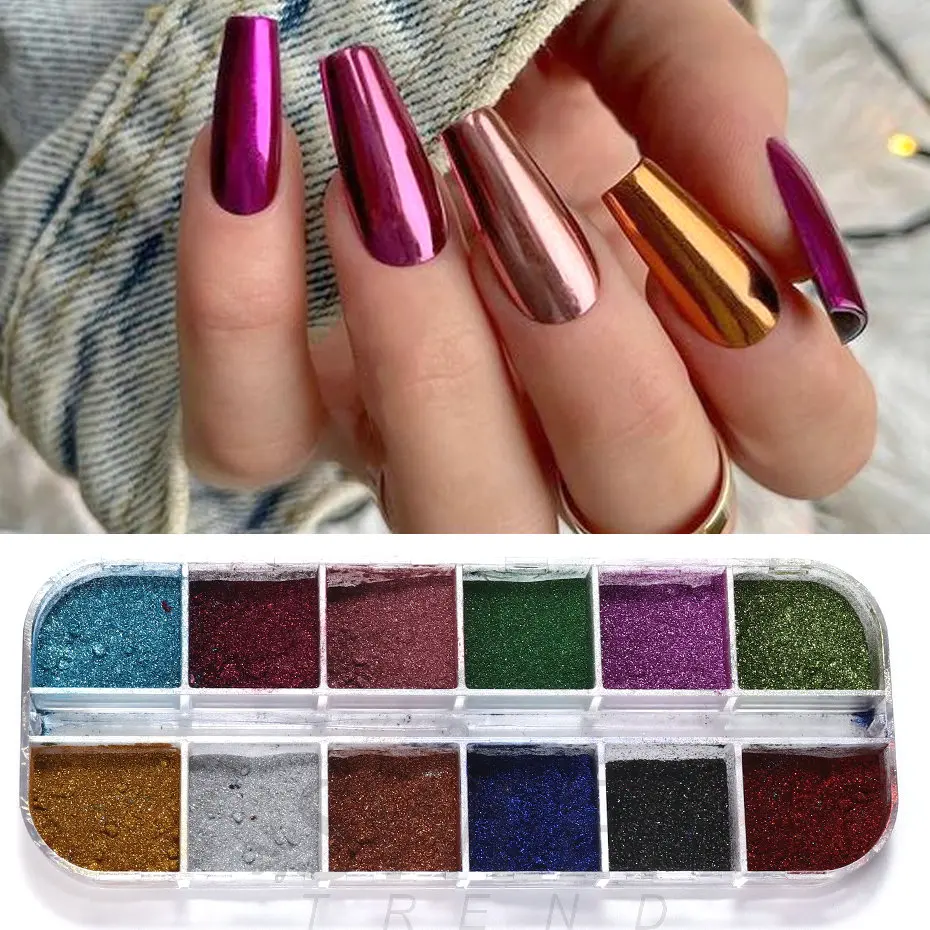 12 Farben Metallic-Pulver-Nagelpigment, holografischer Spiegel, Metall, feines Reiben auf Nagelstaub, Glitzer, UV-Gel-Nagellack, Nageldekoration – Detail 5