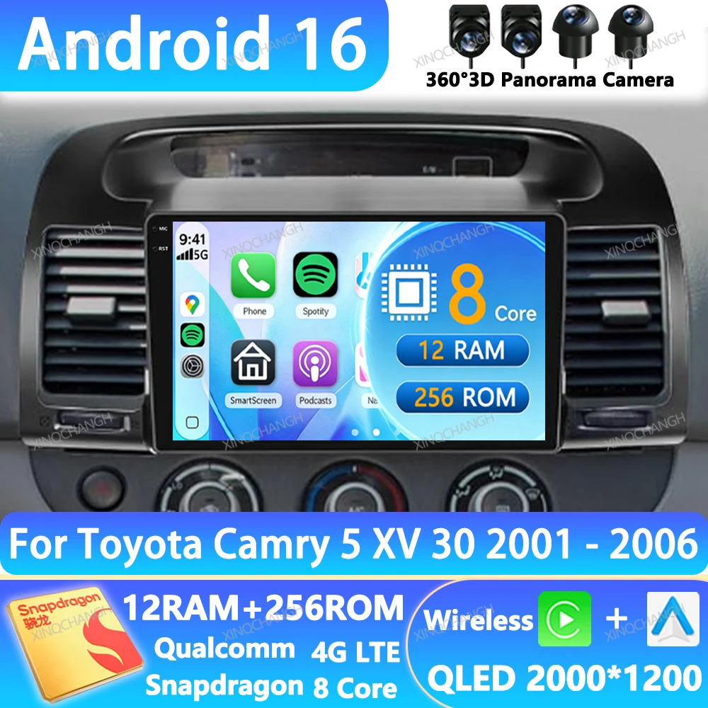 Android 16 Car Radio For Toyota Camry 5 XV 30 2001 - 2006 Multimedia Stereo Video Player QLED Head Unit 4G WIFI GPS BT Qualcomm