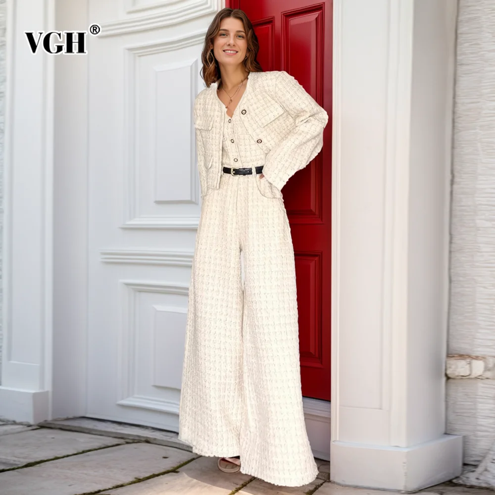 VGH Solid Jacquard Two Piece Sets For Women Round Neck Long Sleeve Coat Sleeveless Splieced Belt Jumpsuit Elegant Set Female New