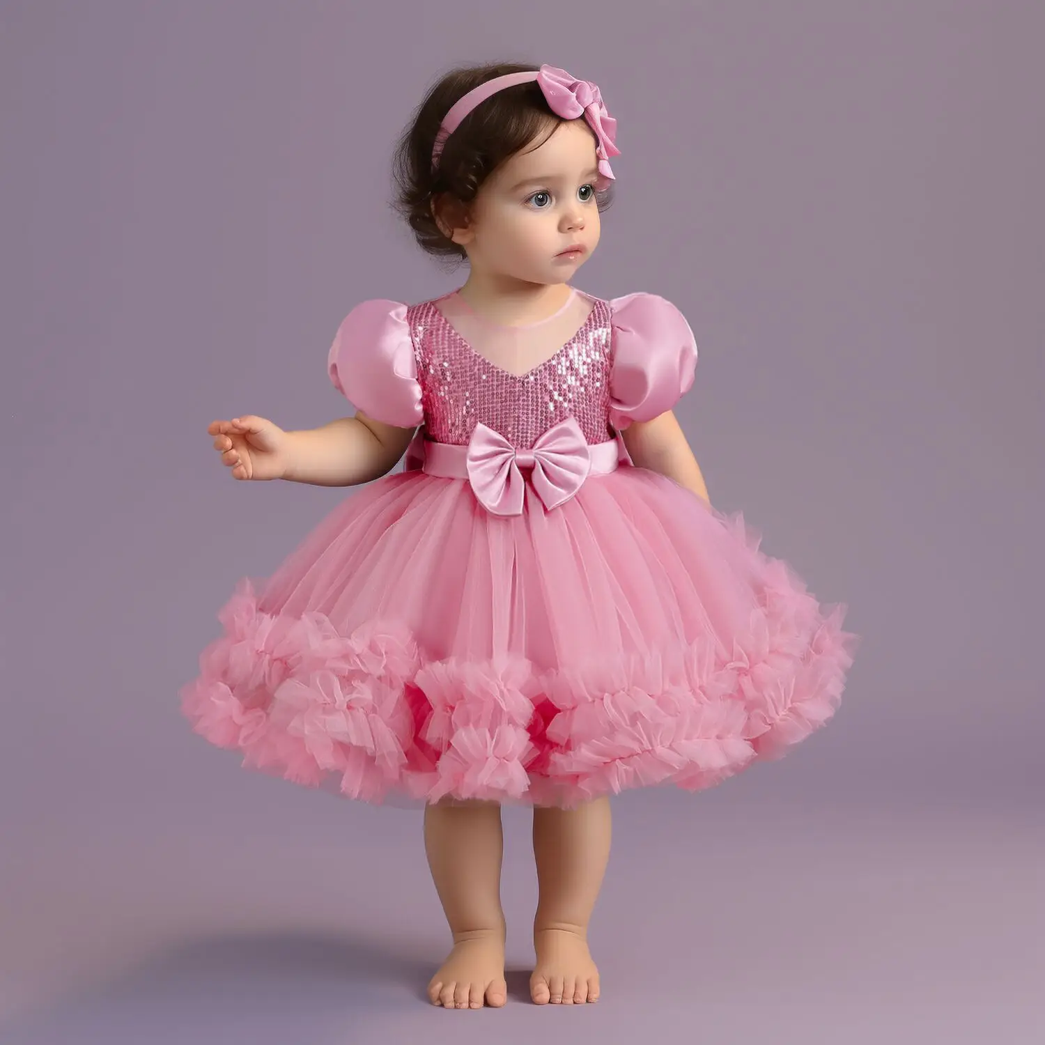 Summer Baby Girl Dress 2024 New Sequin Puff Sleeve Pink Princess Dress Bow Mesh Dress Banquet Birthday Party Fluffy Formal Dress