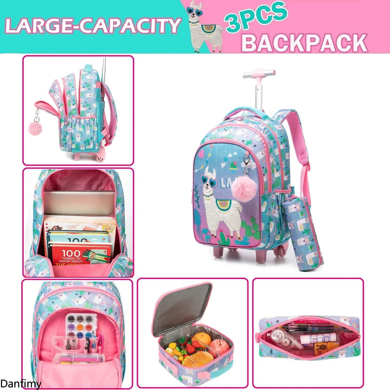 3PCS Children's Rolling Backpack Set Kids School Bag with Wheels Carry on Luggage with Lunch Bag for Elementary Student Backpack