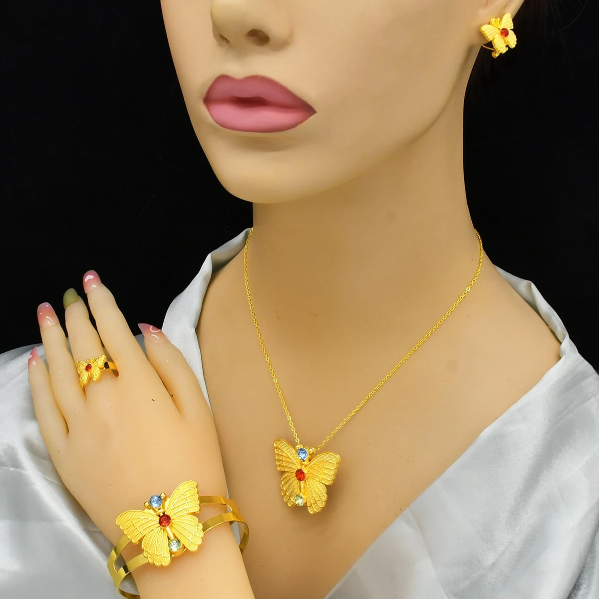 ESALE Fashion silk Italian gold-plated necklace earrings bracelet jewelry set ring butterfly flower jewelry