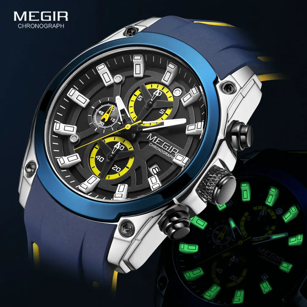 MEGIR Men\'s Military Sport Watches Men Waterproof Fashion Blue Silicone Strap Wristwatch Man Luxury Top Brand Luminous Watch