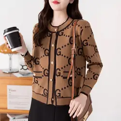 Jesienno-zimowy słodki sweter z okrągłym dekoltem Femme Fashion Letter Patchwork Knitting Cardigan Modny płaszcz Top Tee Damski