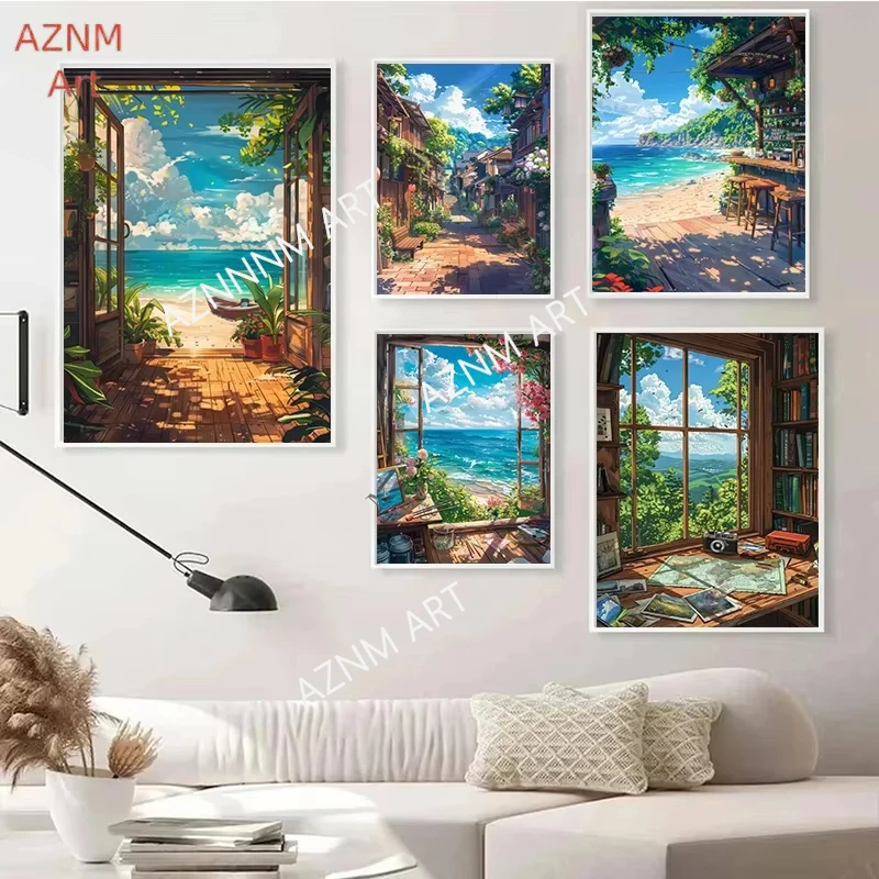 Meer Sommer Landschaft Bar Anime Wandkunst Poster Blaue Hütte Strand Wald Leinwanddruck Bild Wohnzimmer Moderne Dekoration
