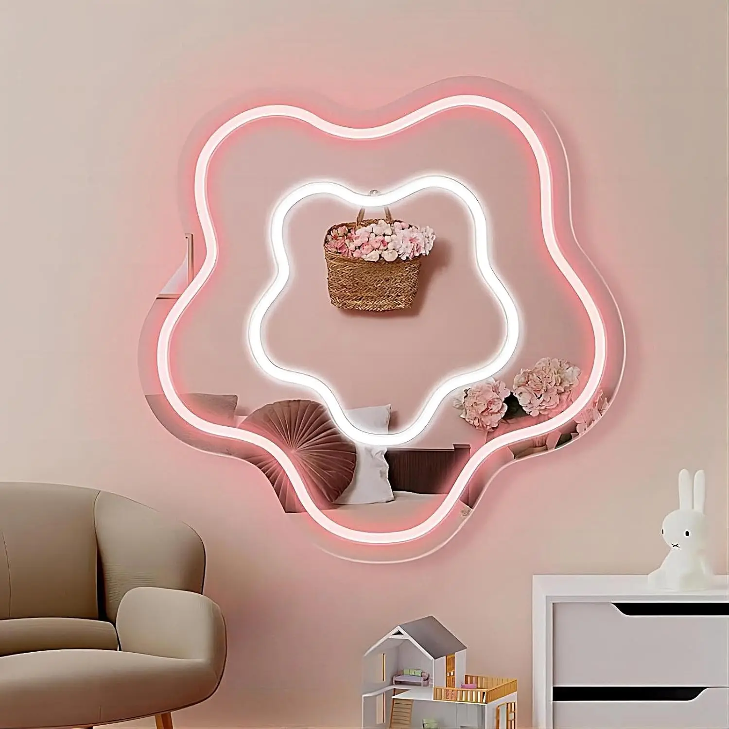 

Cute Neon Sign Dimmable Flower Mirror Neon Lights for Bedroom Hotel Home Bathroom Kids Room Decor Aesthetics Draw Birthday Gifts