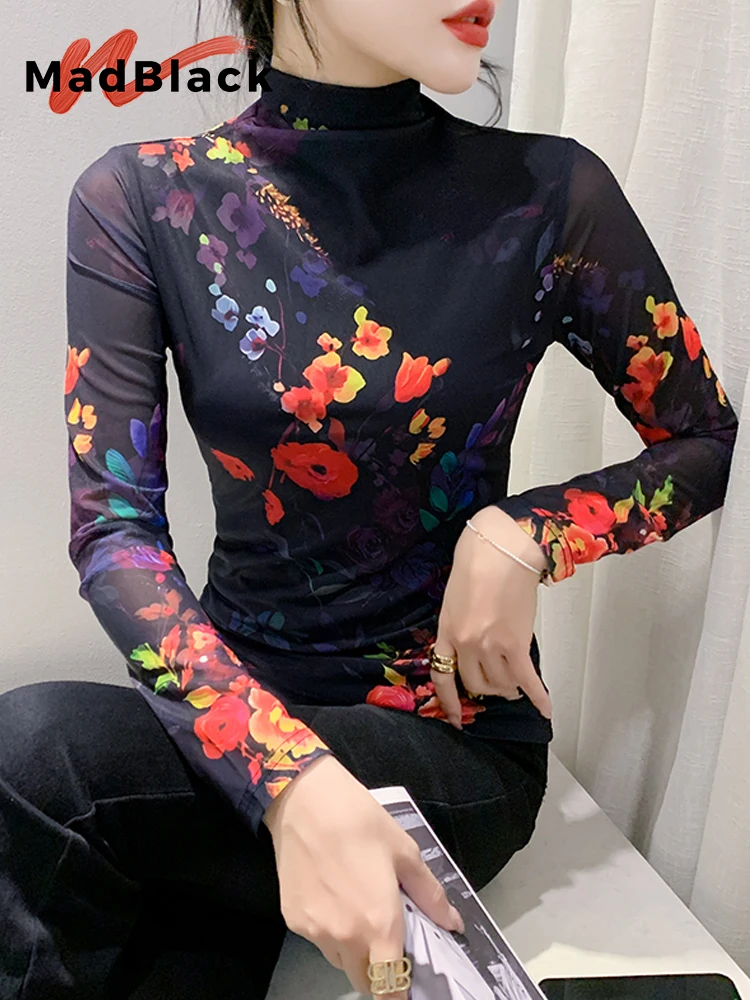 MadBlack European Clothes T-Shirt Women Sexy Turtleneck Postion Print Slim Mesh Top Long Sleeve Tight Tee Autumn Winter T39776JC