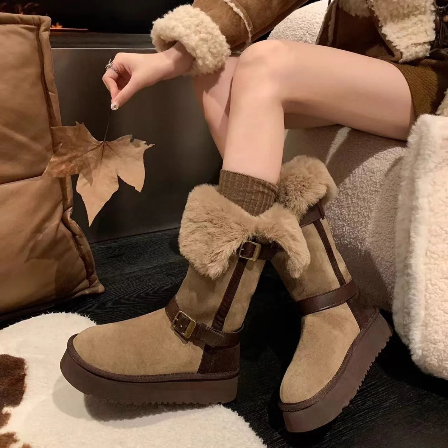 

Женские зимние сапоги-полусапожки на плоской подошве с мехом ягненка, утепленные хлопком, в корейском стиле