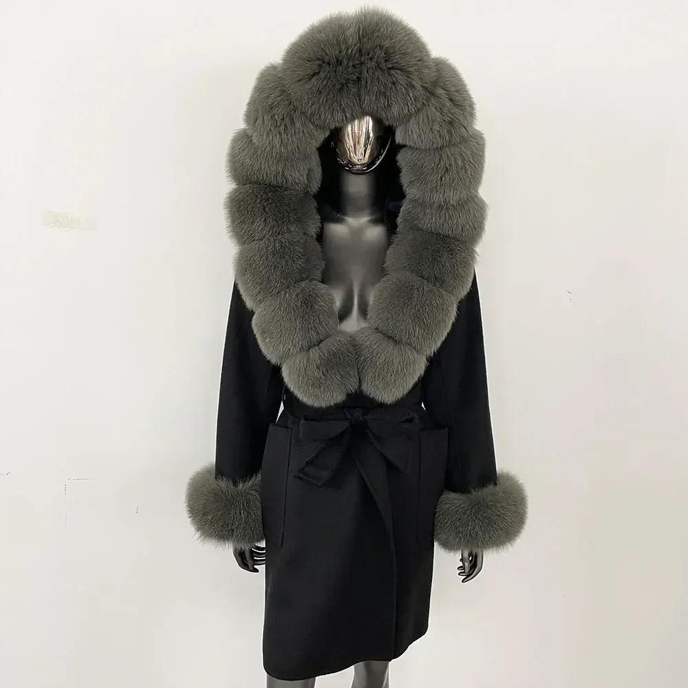 

2024 New Autumn Winter Real Fox Fur Coat Female Long Hooded Cashmere Jacket Women Wool Coat Warm Natural Fur Woolen Jacket Lady
