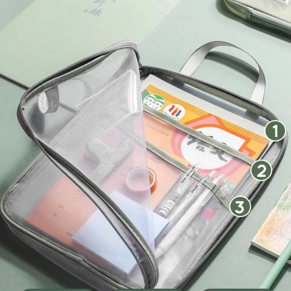 

Mesh Stationery Storage Bag A4 Size 3 Layers Pocket File Organizer Large Capacity Zipper Closure Test Paper Bags School Supplies