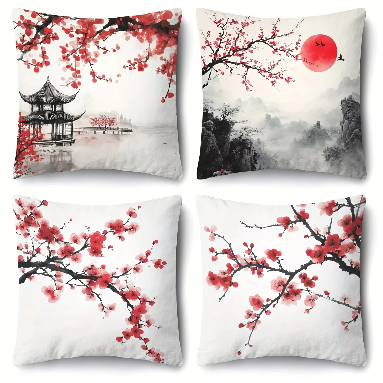 Roter Pflaumenblüten-Kissenbezug, doppelseitiger Druck, für Sofa, Schlafzimmer, Dekoration