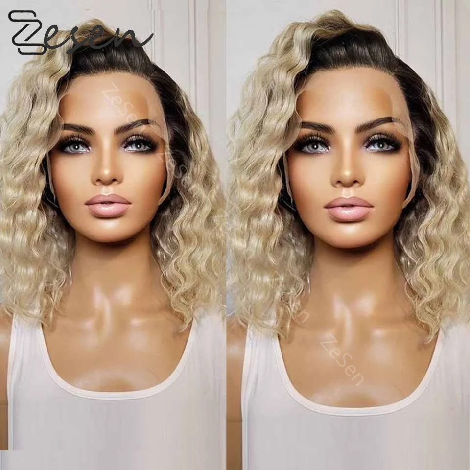 Ombre 613 Blonde Bob Lace Hair Lace Front Short Wave Wig Side Part Synthetic Front Wig Heat Resistant Synthetic Hair Daily