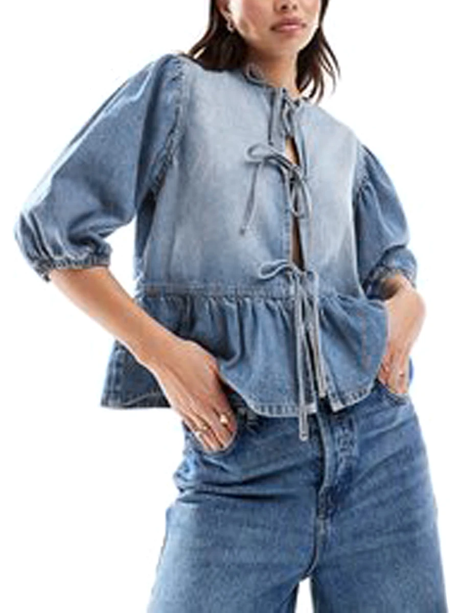 Women s Denim Blouse Loose Tie Front Puff Sleeve Round Neck Ruffle Hem Tops for Summer Streetwear