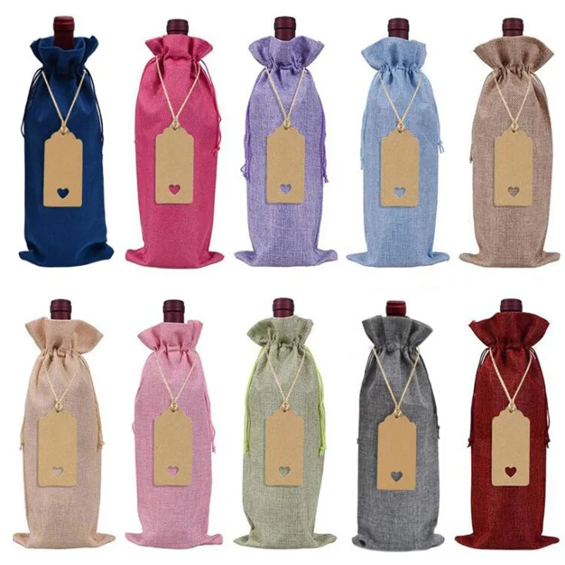 10Pcs Burlap Wine Gift Bags Drawstrings Champagne Red Wine Bottle Covers For Xmas Christmas Wedding Party Decoration With Tags