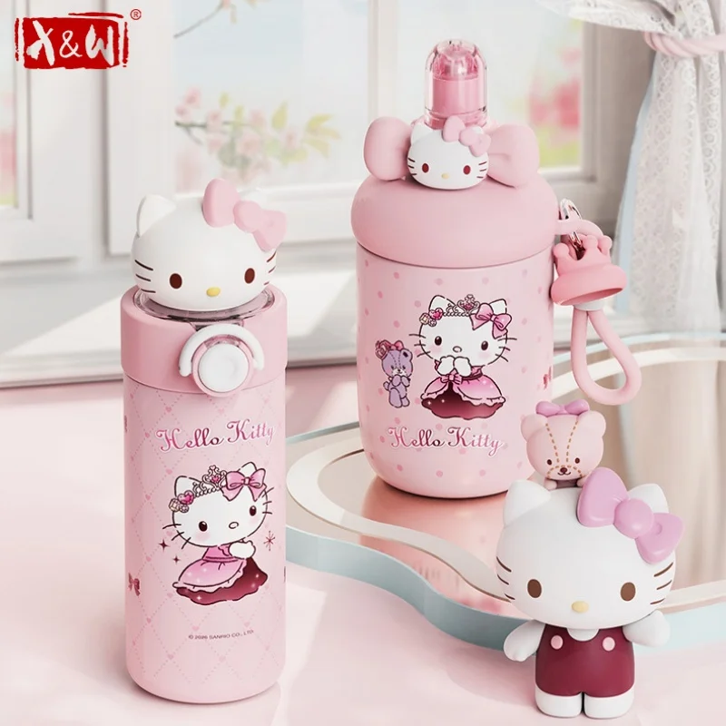 X&W Sanrio Cartoon Thermos Cup Pink Hello Kitty Series Insulated Bottle Stainless Steel Coffee Milk Tumbler Desktop Decor Gifts