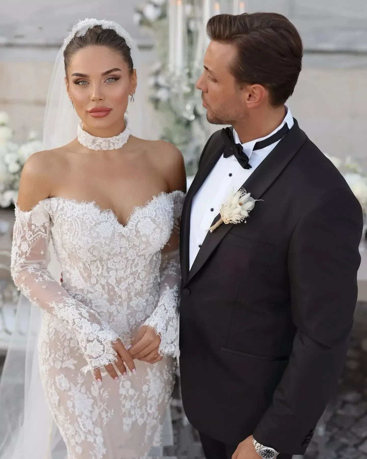 Flavinke Abiti da sposa in pizzo personalizzati Sirena con spalle scoperte Maniche lunghe Abiti da sposa Abiti da sposa Country Brides Dresse