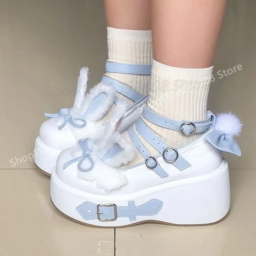 

Cute Rabbit Decor Blue and White Pumps Thickness Round Toe Belt Sweet Fashion Lolita Women Shoes 2025 Spring Zapatos Para Mujere