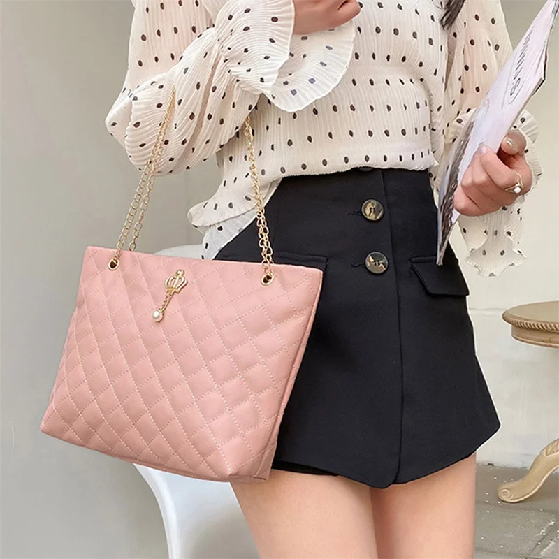 

Fashion PU Leather Tote Bag Rhombic Jacquard Simple Elegant Women Chain Handbag Crossbody Bag