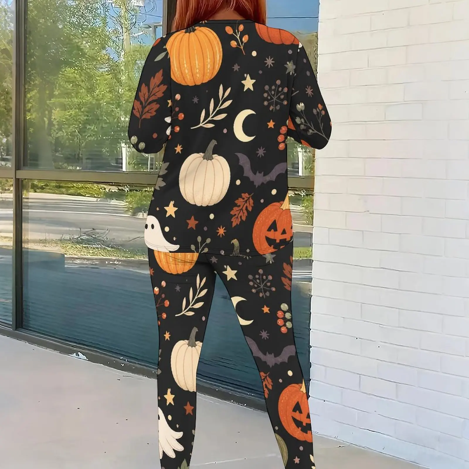 Women Black Printed Pumpkin Ghost Bat Motif Long Sleeve Top and Fitted Pants Two Piece Set