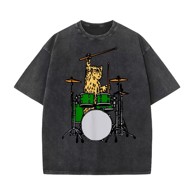 

Drummer Cat Music Lover Musician Playing The Drums T-shirt Men's Tee Shirt Short Sleeve Male Clothes Fashion