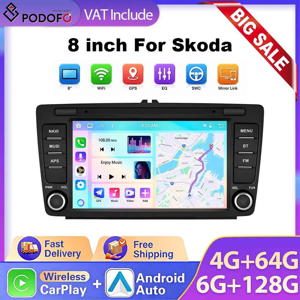 Podofo 4 + 64G Radio Samochodowe Double Din dla Skoda Octavia II/MK2 /Yeti/Rapid/Rapid Spaceback/Roomster/Superb z Bezprzewodowym Carplay i Android Auto, 8-calowy Odtwarzacz Multimedialny do