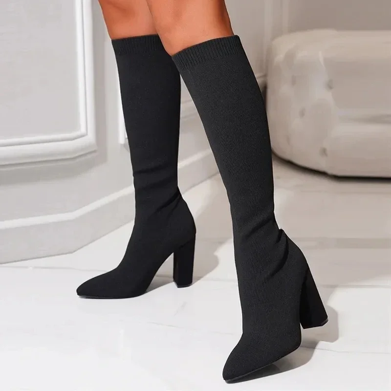 Cozy Knitting Stretch Fabric Knee High Boots Women Square Heels Autumn Winter Sock Long Booties Soft Warm Sock Boots for Women