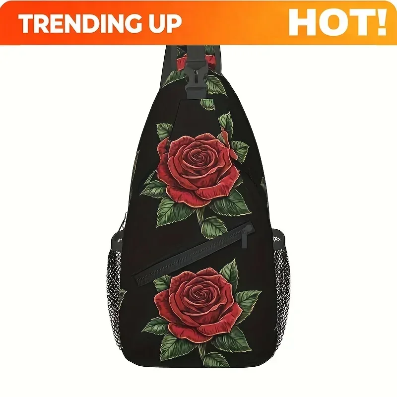 Custom Men's Stylish Rose Print Sling Backpack - Black Polyester Crossbody Bag with Zipper Closure, Multiple Compartments
