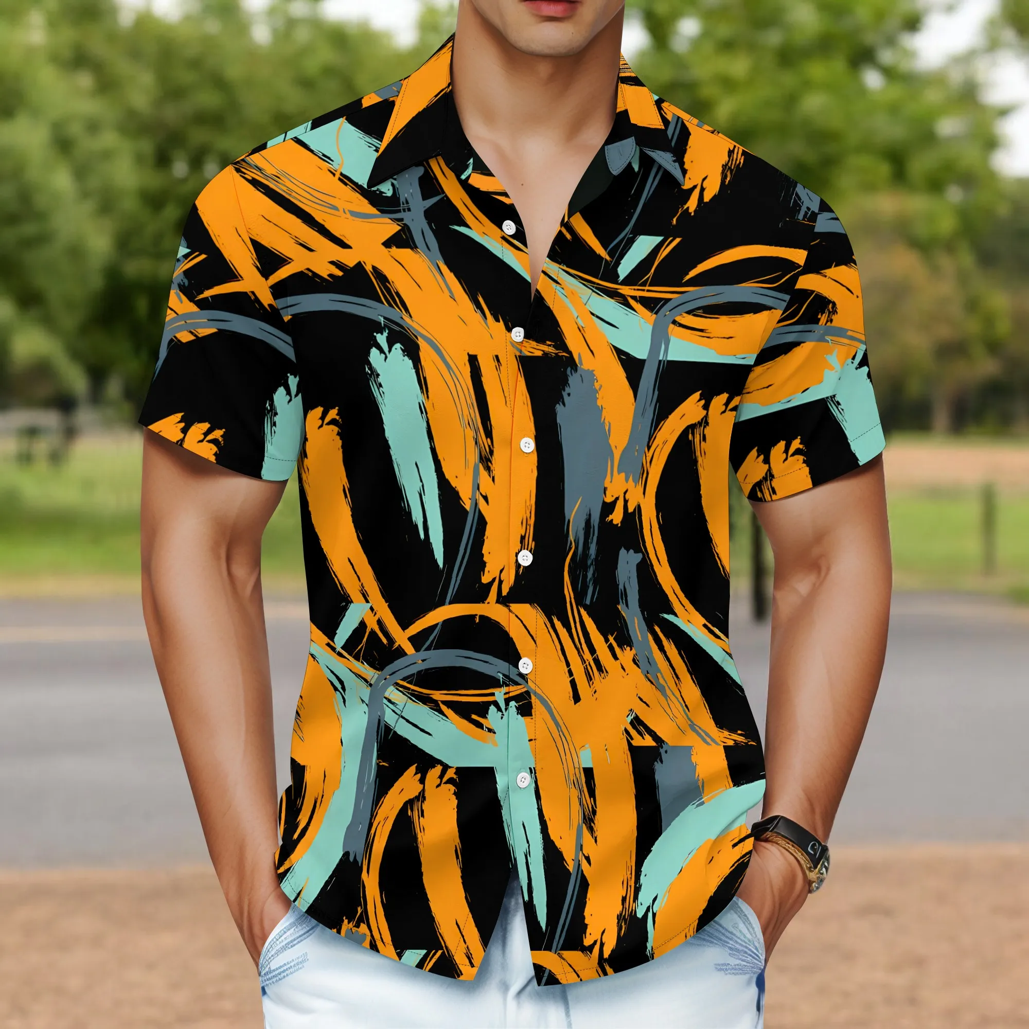 

YEAE Men's Art Brush Print Shirt Short Sleeve Regular Size