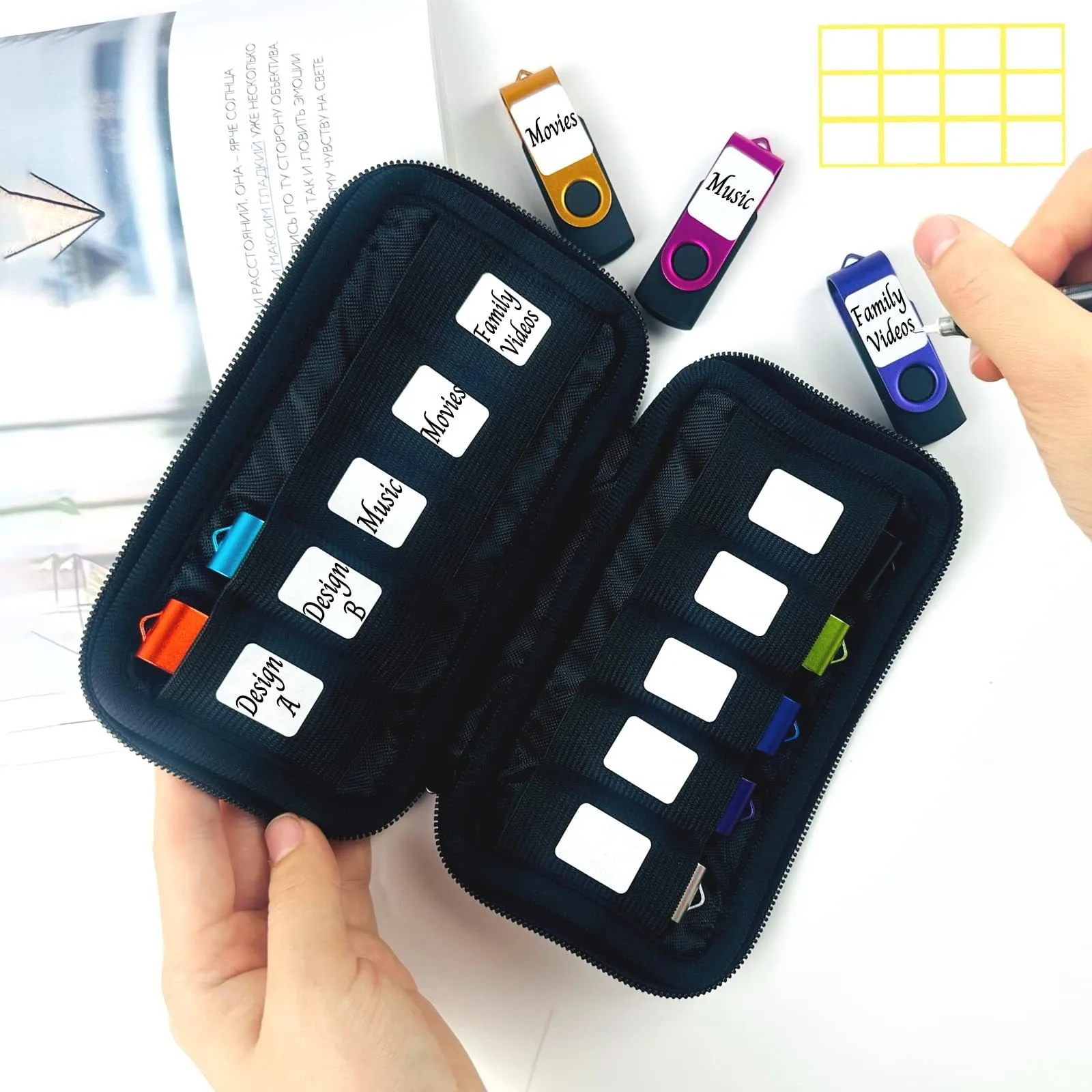 Borsa portaoggetti portatile per unità flash USB e scudi a U, custodia protettiva nera di grande capacità per unità flash USB.