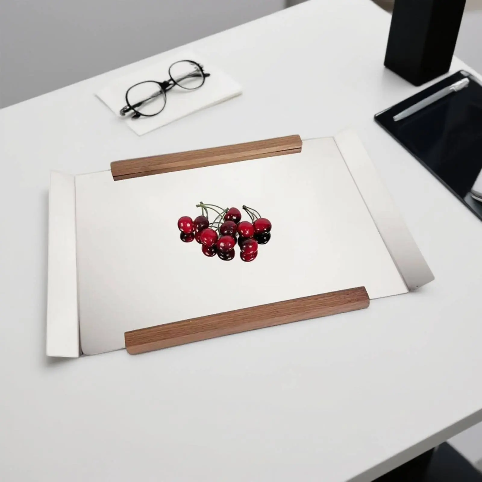 

Walnut Wood Tray Stainless Steel Mirror Tray Home Decor Easy to Clean Metal Handles for Coffee Table
