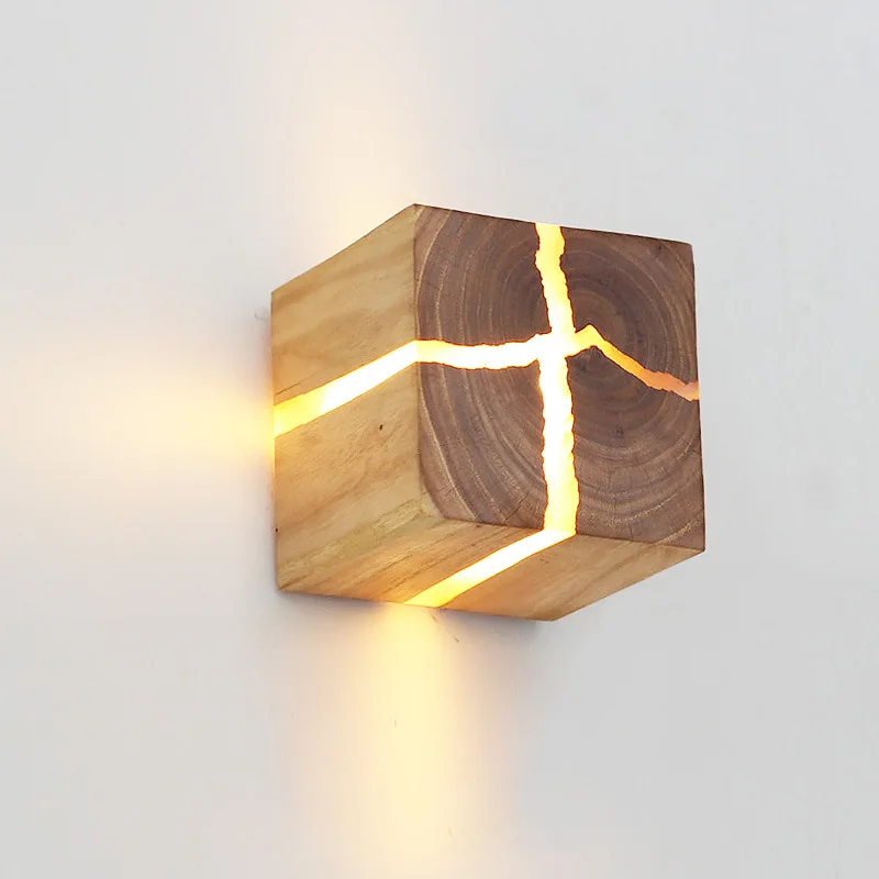 Crack Solid Wood Wall Lamps Square Cracked Wood Grain Lamp Nordic Creative Bedroom Living Room Porch Corridor Aisle Wall Lights