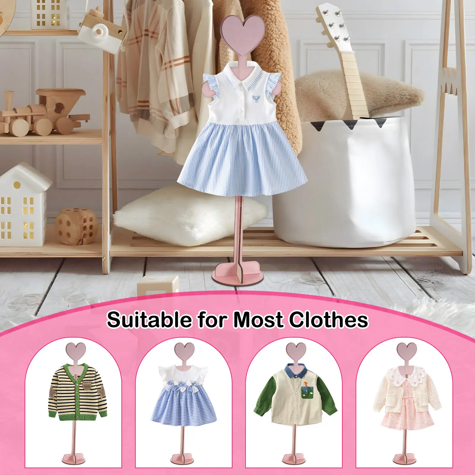 Wooden Baby Clothes Display Stand for Nursery Kids Room - Minimalist Natural Children Clothing Rack with Anti-Slip Design Easy