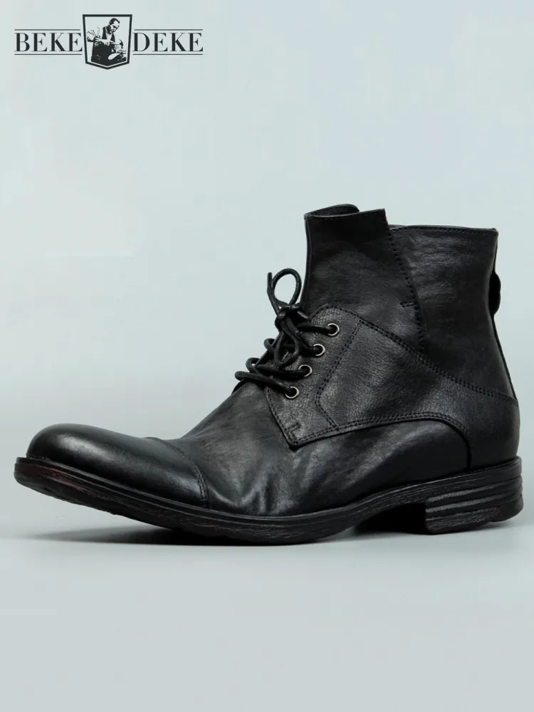 

Vintage Mens Cowhide Genuine Leather Riding Ankle Boots Lace Up High Top Work Shoes Vintage Round Toe Autumn Moto Biker Boots