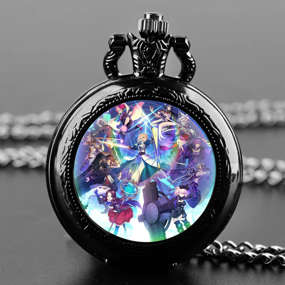 Fate Stay Night Glass Dome Vintage Arabic Numerals Quartz Pocket Watch Necklace Pendant Clock Chain Men Women for Anime Lover