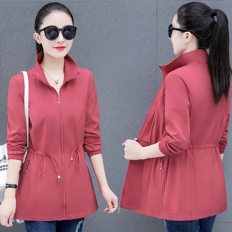 

Busin Lady Sle Long Coat Women's Loose Fit Stand Collar Adjustable Waist Autumn New Casual Outerwear Windbreaker