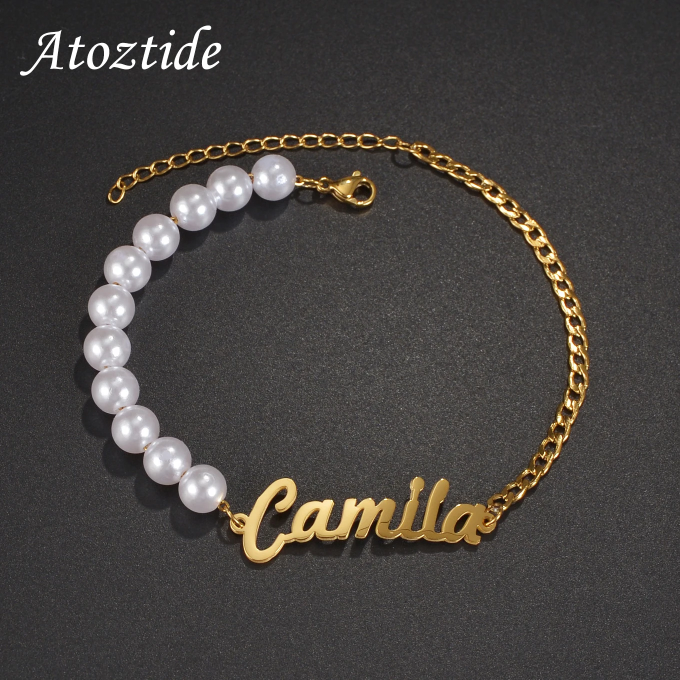 Atoztide Customized Name Beads Bracelet Personalized Thick Bell Chain for Women Stainless Steel Gold Color Bangle Chrismas Gift 