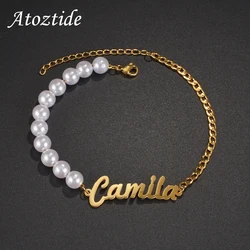 Atoztide Customized Name Beads Bracelet Personalized Thick Bell Chain for Women Stainless Steel Gold Color Bangle Chrismas Gift