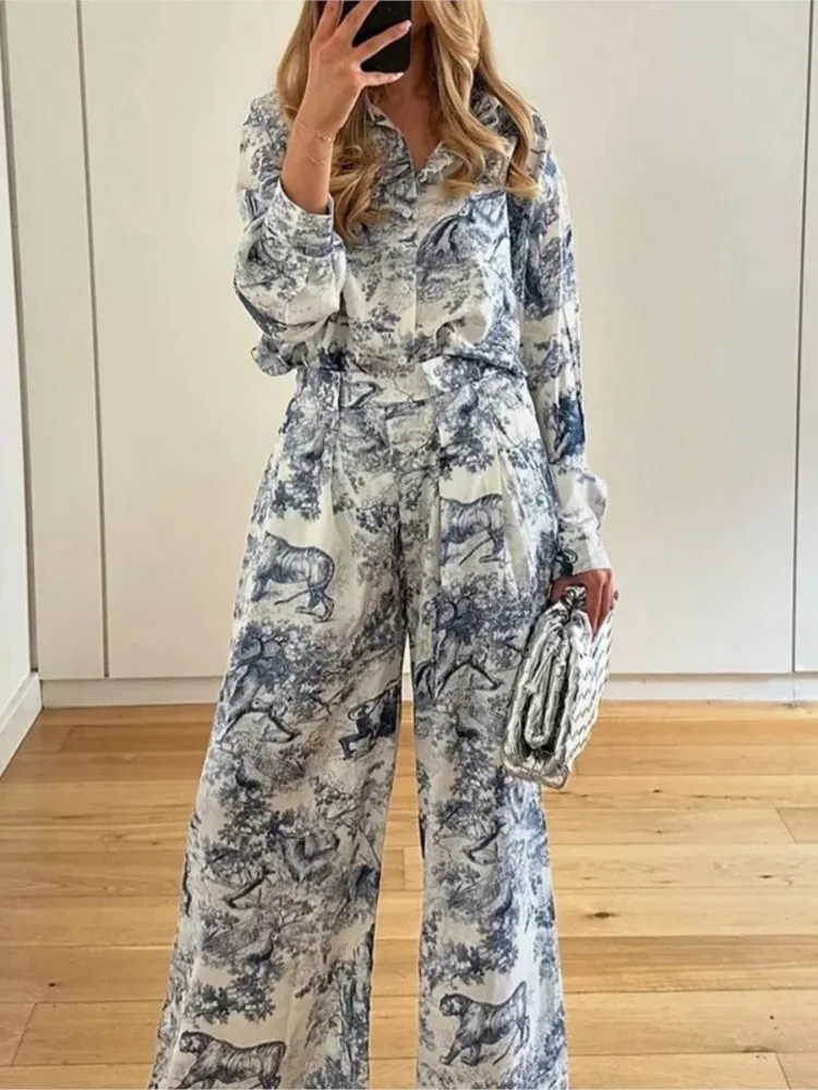 

Vintage Top+wide Leg Pants Two-piece Set Spring Women's Clothing Loose Printed Long Sleeved Shirt Long Pants Casual Fashion Set